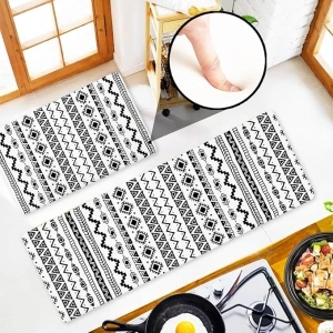 Black and White Aztec Boho Cushioned Anti Fatigue Kitchen Floor Rugs and Mats Set of 2, Modern Farmhouse Kitchen Decor Non Slip Mats Washable, Geometric Abstract Kitchen Runner Rug