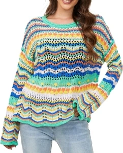 Women Crochet Sweaters Striped Long Sleeve See Through Knit Casual Jumper Hollow Out Pullover Sweaters Y2K Top