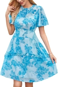 Kate Kasin 2024 Women's Summer Casual Chiffon Floral Mini Dress Crewneck Ruffle Short Sleeve Tiered Swing Dresses