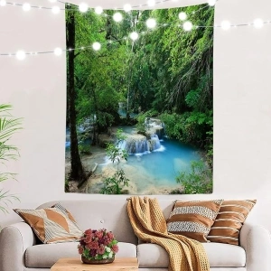 BaoNews Green Natural Forest Tapestry,Waterfall Large Wall Hanging Polyester Tablecloths Tapestry Bedroom Room Living Room Dorm 82.7 x 59.1 Inches