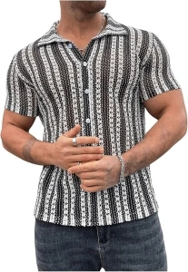 GORGLITTER Men's Hollow Out Striped Button Down Shirt Short Sleeve Collared Mesh Tops