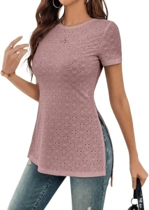 SweatyRocks Women's Eyelet Embroidery Split Hem Crew Neck Short Sleeve Slim Fit Tee Shirt Tops