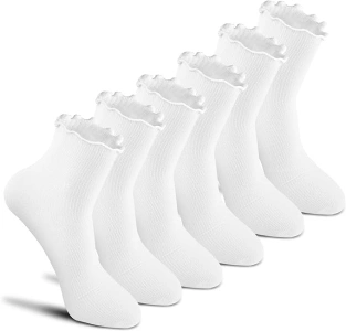 6Pairs White Ruffle Socks Frilly Socks Women Crew Ankle Socks with Lettuce Edge for Spring Summer Thin Feet