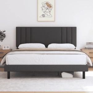 Queen Bed Frame, Lecuneey Platform Bed Frames Queen Size with Fabric Upholstered Headboard, No Box Spring Needed, Grey