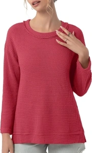 Womens Casual Fashion Shirts Summer Long Sleeve Crewneck Waffle Knit Tunic Tops