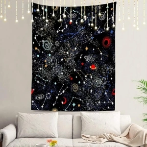 Shrahala Dark Blue Cute Universe Wall Tapestry, Cartoon Dark Blue Galaxy Wall Hanging Large Tapestry Decoration Polyester Fiber White Hem Around for Dorm Room Bedroom 82.7 x 59.1 in