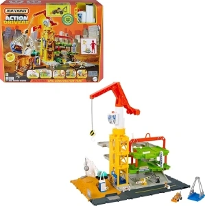 Matchbox Toy Cars & Playset, Action Drivers Epic Construction Yard, 20-in Tall Working Crane & 1:64 Scale Back Hoe & Accessories