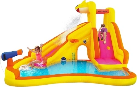 Baby Shark Bounce House with Slide Wet or Dry, Pink Fong Inflatable Water Slide, Party Outdoor Curve Waterslide Fun, Kids Backyard Water Park, Includes Water Sprayer, Pool & Blower