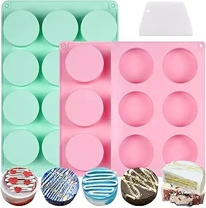 Vinino Cake Puck Mold Set, Chocolate Covered Cake Silicone Molds, Silicone Round Cake Pop Molds for Diy Cakepucks, Candy, Cookie, 2 Different Sizes, 3 Pack Cake Puck Mold and 1 Scraper