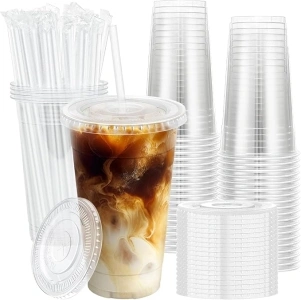 Lamosi 100 Pack 20 OZ Clear Plastic Cups with Lids and Straws, Disposable Iced Coffee Cups with Lids for To-Go Cold Drinks, Smoothies and Slushie