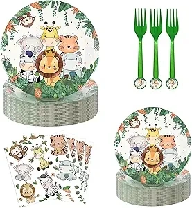 50PCs Jungle Birthday Party Plates and Napkins, Safari Animals Party Decorations for 10 Guests, Jungle Theme Party Tableware Set, Wild Animals Gold Safari Zoo Birthday Supplies