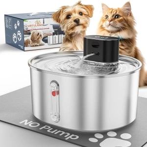 Virtulance No Pump Cat Water Fountain with 3 Filter - 3.2l/108oz Wireless Stainless Steel Pet Water Fountain, Cordless Automatic Dispenser, Battery Operated Fountain with Motion Sensor, Ultra Quiet