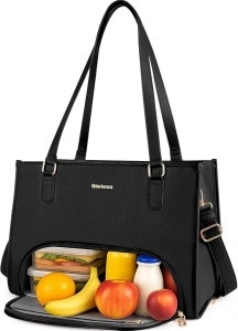 Laptop Tote Bag with Lunch Compartment for Women - 15.6 Inch Computer Vegan Leather Work Bag Handbag, Large Insulated Leakproof Lunch Box Bag with Shoulder Strap