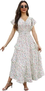 Womens Summer Floral Dress 2025 V Neck Short Sleeve Chiffon Boho Flowy Beach Casual Maxi Long Dresses for Women