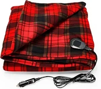 Camco Camper/RV Heated Blanket | Ideal for Cold Nights or Relieving Aches/Pain & 7-Ft Power Cord Plugs into Vehicle 12V Power Outlet | Measures 59” x 43” | Polar Fleece, Red/Black Plaid (42804)