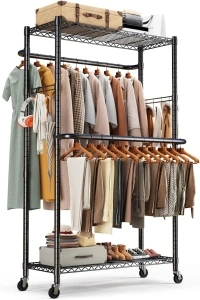 HOKEEPER Clothes Racks Heavy Duty Clothing Racks for Hanging Clothes Adjustable Coat Rack with Wheels & Hooks Freestanding Wire Garment Rack Portable Closet Wardrobe 400 LBS 74.8''H Closet Organizers