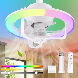 Socket Fan Light Small Ceiling Fan with Light and Remote 360° Rotating LED Ceiling Fan with 3 Wind Speeds, 2 Timer Mode Low Profile Ceiling Fan with Light 3 Color Smart Modern Ceiling Fan bedroom