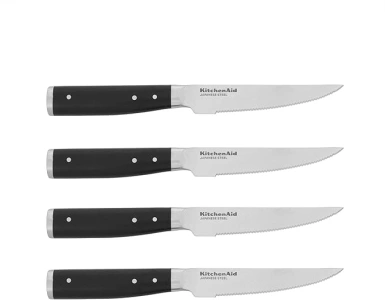 KitchenAid Gourmet 4 Piece Forged Triple Rivet Steak Knife Set, High Carbon Japanese Steel, Sharp Kitchen Knife Set, 4.5 inch, Black