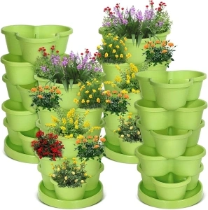 4 Set 5 Tier Vertical Planter Stackable Garden Planter with Bottom Saucer Strawberry Planter Hanging Tower Herbs Pots for Gardening Outdoor Indoor Growing Flower Vegetables Succulents(Green)