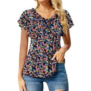 Fantaslook Womens Blouses Floral Ruffle Short Sleeve Tunic Tops Casual V Neck Summer Shirts