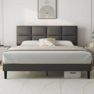 HAIIDE Queen Bed Frame, Queen Size Platform Bed With Fabric Upholstered Headboard,Dark Gray, Easy Assembly