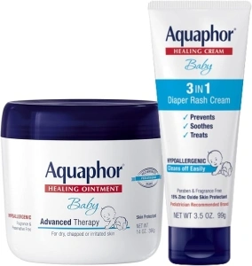 Aquaphor Baby Skin Care Set, Fragrance Free, Baby Healing Ointment, Dry Skin and Diaper Rash Ointment, 14 Oz Jar + 3-in-1 Baby Diaper Rash Cream, Prevents, Soothes and Treats Diaper Rash, 3.5 Oz Tube