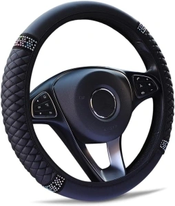 Soft Leather Car Steering Wheel Cover, Universal 15 Inch Colorful Rhinestones Anti-Slip Elastic Steering Wheel Covers for Most Cars, Sparkly Crystal Diamond for Women Girls (Black)