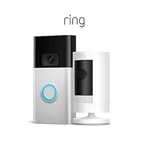 Ring Video Doorbell, Satin Nickel bundle with Ring Stick Up Cam Battery, White