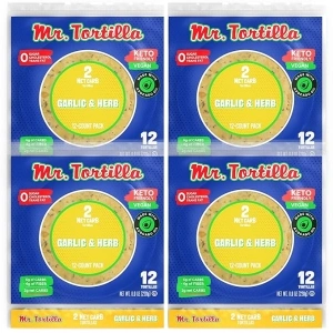 Mr. Tortilla-Low Carb Tortillas 2 Net Carb Keto Soft Taco Shells for Wraps, Quesadillas&Tostadas-Healthy Vegan Tortilla Wraps No Cholesterol-Low on Calories&Fat (Garlic&Herb),12 Count (Pack of 4)