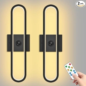 Black Battery Operated Wall Sconce Set of 2, Modern LED Indoor Wireless Wall Lights, Metal Lamp Shade with Silicone Light Strip Wall Sconce Rechargeable for Bedroom Living Room Dining Room