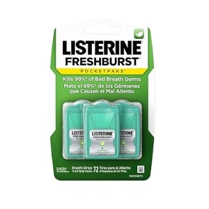 Listerine Freshburst Pocketpaks Breath Strips, Dissolving Freshener Strips Kill 99% of Germs that Cause Bad Breath, Portable for On-the-Go, Minty Flavor, 3 packs of 24-strips Each