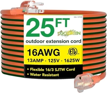 Go Green Power Inc. 16/3 25ft Outdoor Extension Cord with Lighted End - Contractor Grade, Durable, and Moisture Resistant - Ideal for Heavy Duty Tools - GG-13725