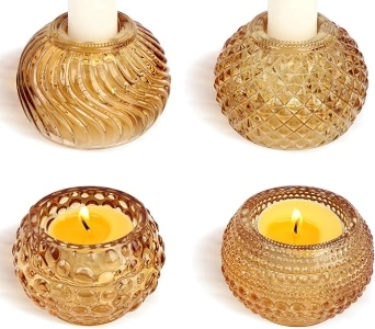 Vixdonos Round Glass Candlestick Holders Set of 4 Beads and Stripes Candle Holder Bulk for Taper Candle and Tealight Candle