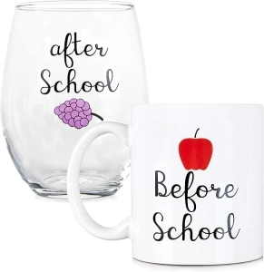 Before School, After School Coffee Mug and Stemless Wine Glass Set - Gift for Teachers and Professors - 11 oz Coffee mug - 15 oz wine glass