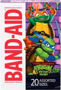 Band-Aid Brand Adhesive First Aid Bandages for Minor Cuts & Scrapes, Wound Care Featuring Nickelodeon TMNT Characters, Fun Bandages for Kids & Toddlers, Sterile, Assorted Sizes, 20 Ct