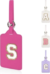 Personalized Initial Luggage Tags for Suitcases, Leather Chenille Letter Cute Luggage Tags with Privacy Name Card, Embroidered Travel Bag Backpack Tags Gifts for Women Kids Girls Teens(Rosered-S)