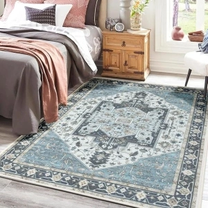 Washable Rugs 3x5 for Living Room Ruggable Boho Vintage Throw Rugs Non Slip Small Area Rugs Soft Low Pile Floral Carpet for Dorm Bedroom Dining Room Laundry Room Kitchen Entryway Indoor, Navy