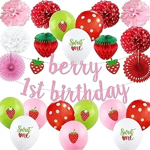 Strawberry 1st Birthday Decorations Berry First Birthday Decor with Berry First Birthday Banner,Strawberry Balloons,Honeycomb Balls,Tissue Pom Poms,Fan for Girls Strawberry Sweet One Birthday Supplies