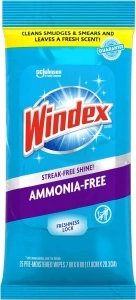 Windex Ammonia-Free Glass Wipes, Pre-Moistened Glass and Surface Wipes Clean and Provide a Streak-Free Shine, Crystal Rain Fresh Scent, 25 Count