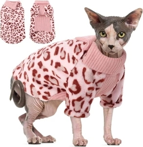 SUNFURA Leopard Print Sphynx Cat Sweater, Turtleneck Cat Sweaters for Cats Only, Kitten Winter Coat Fleece Pullover with Sleeves for Hairless Cats, Soft Stretchy Cat Pajamas Clothes, Pink L