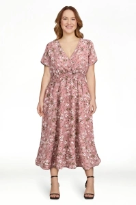 Enjiwell Women's Floral Print Bohemian V Neck Short Sleeve Chiffon Midi Dress