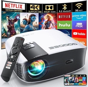 GooDee Smart 4K Projector with 5G WIFI and Bluetooth, Netflix/Amazn Prime Video Certified, Dolby Audio, 800ANSI Outdoor Projector, 400