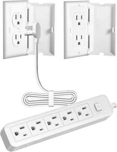 Outlet Cover Extension Cord 3 Feet, Ultra-Thin Outlet Concealer with Flat Plug Power Strip 5 AC Outlets, Childproof Flat Extension Cord Outlet Cover, 1875W for Kitchen, Home, Office