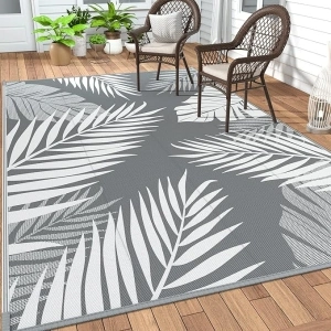 GENIMO Outdoor Rug 5' x 8' Waterproof for Patios Clearance, Reversible Plastic Straw Camping Carpet, Large Area Rugs Mats for RV, Picnic, Backyard, Deck, Balcony, Porch, Beach, Grey&White