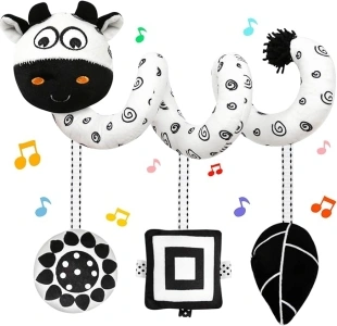 Car Seat Toys Stroller Spiral Hanging Stroller Black and White High Contrast Baby Toys for Newborn,Infant Plush Activity Sensory Toys for 0 2 4 6 8 9 10 Months Babies Boys Girls(Cow)