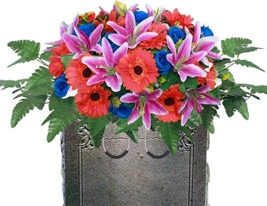 Lodou Cemetery Flower Saddles for Grave,Artificial Silk Flower Arrangement for Headstones, Artificial Cemetery Flowers, Outdoor Grave Decorations (1, Blue & purple & red)