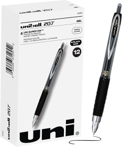 uni-ball® 207™ Retractable Fraud Prevention Gel Pens, Micro Point, 0.5 mm, Black Barrels, Black Ink, Pack of 12