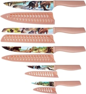 G.a HOMEFAVOR Knife Set, Chef Knives with Dinosaur Pattern, 5-piece Kitchen Knife Set Nonstick Coated with 5 Blade Guard, Gift Box Perfect as a Christmas gift…