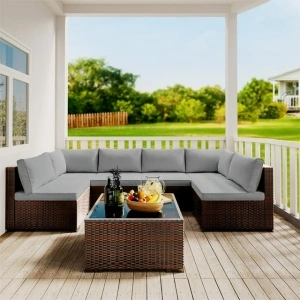 Patio Furniture Set Clearance, Lofka 7-Piece Outdoor Sectional Sofa Set with Glass Coffee Table for Conversation & Dining, Gray