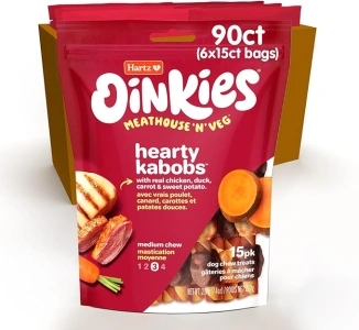 Oinkies Meathouse'n'Veg Hearty Kabobs Dog Treats with Real Chicken, Duck, Carrots, and Sweet Potato, Long-Lasting Yet Highly Digestible, 90 Count